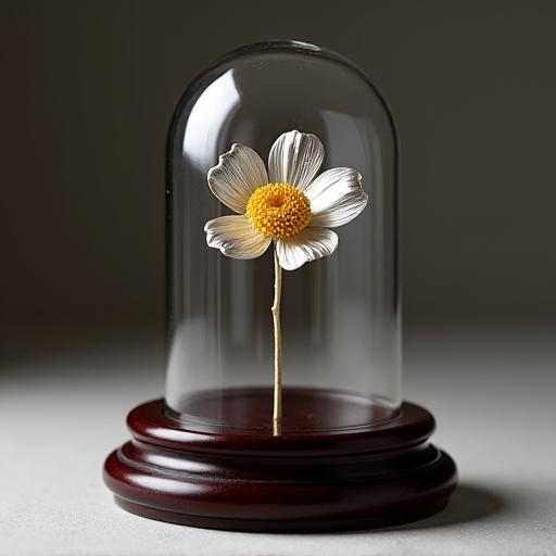 Un unico fiore vero, finemente placcato in argento o oro, esposto elegantemente sotto una teca di vetro a campana su una base di legno scuro.