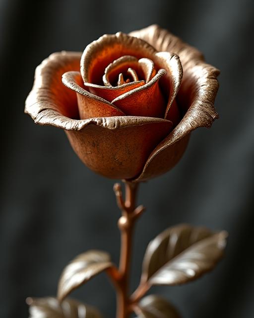 Dettaglio ravvicinato di una scultura di rosa in bronzo con patina anticata e finiture delicate.